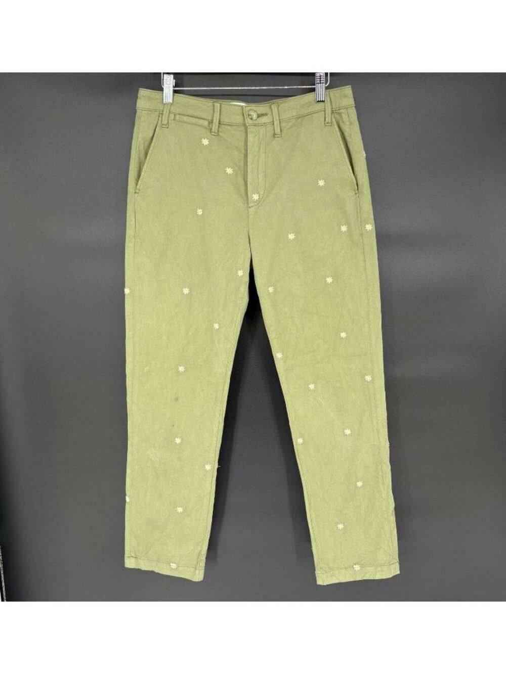 Free People x Driftwood Floral Embroidered Chino Pants L Green Straight Leg